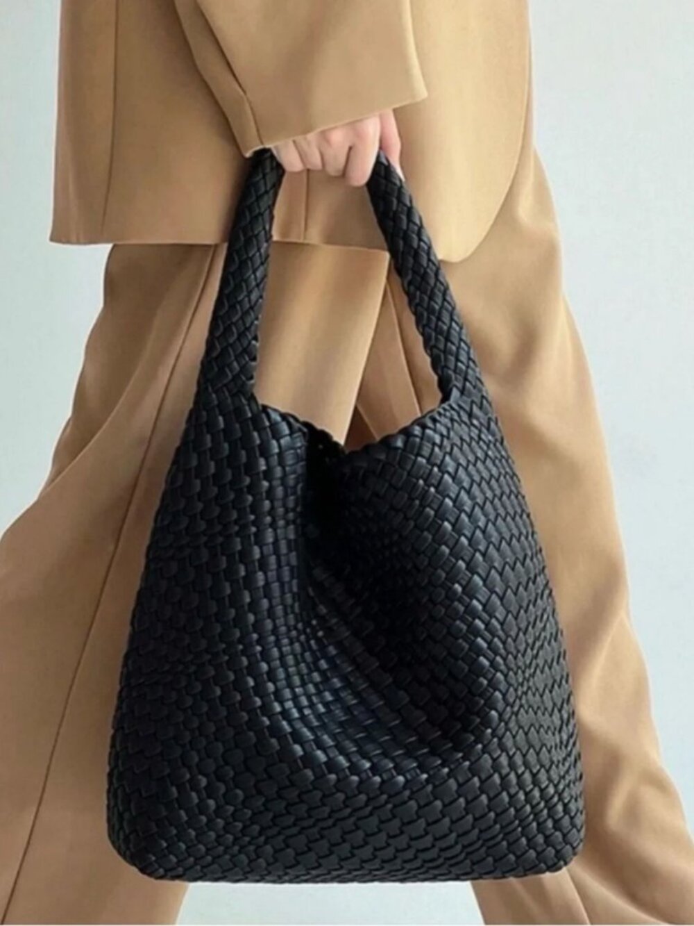 Black Large Woven Vegan Leather Shoulder Tote & Pouch Set